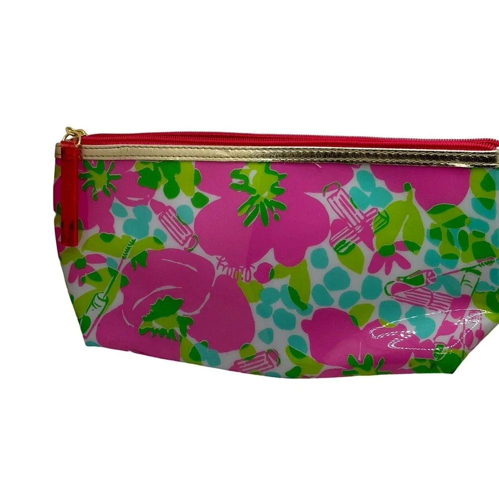 Lilly Pulitzer Estee Lauder pink green floral print zip pouch makeup bag